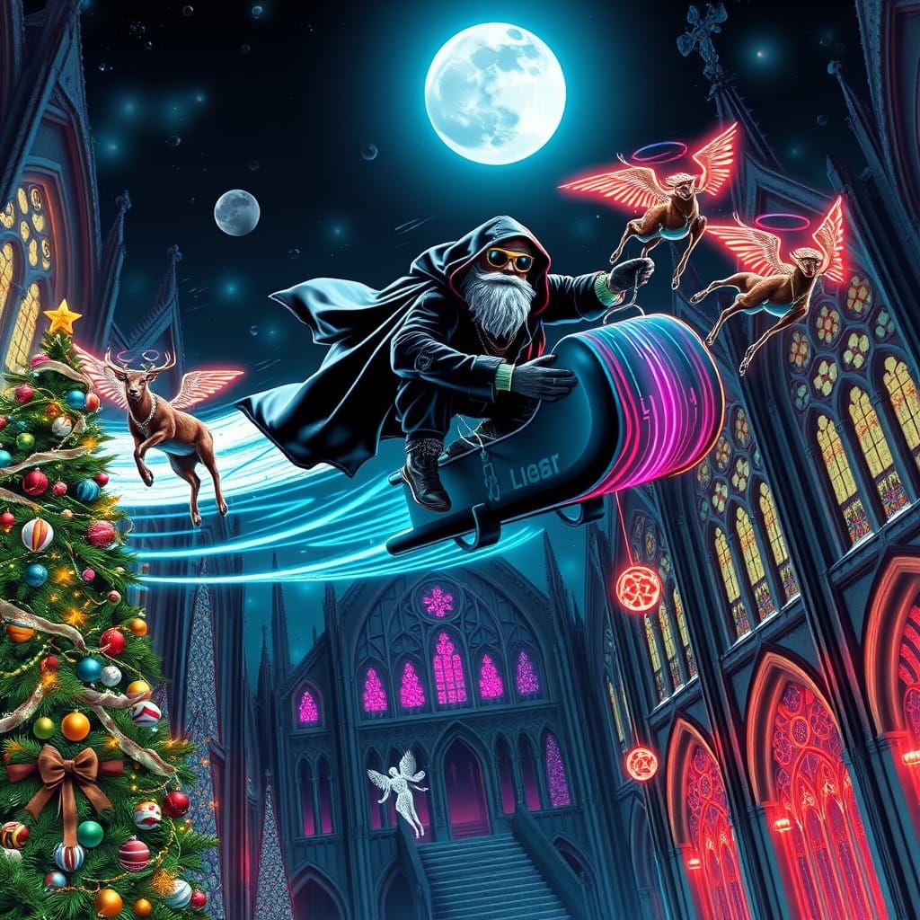 Cyberpunk Santa Claus Soars Over Futuristic Cathedral in Neo...