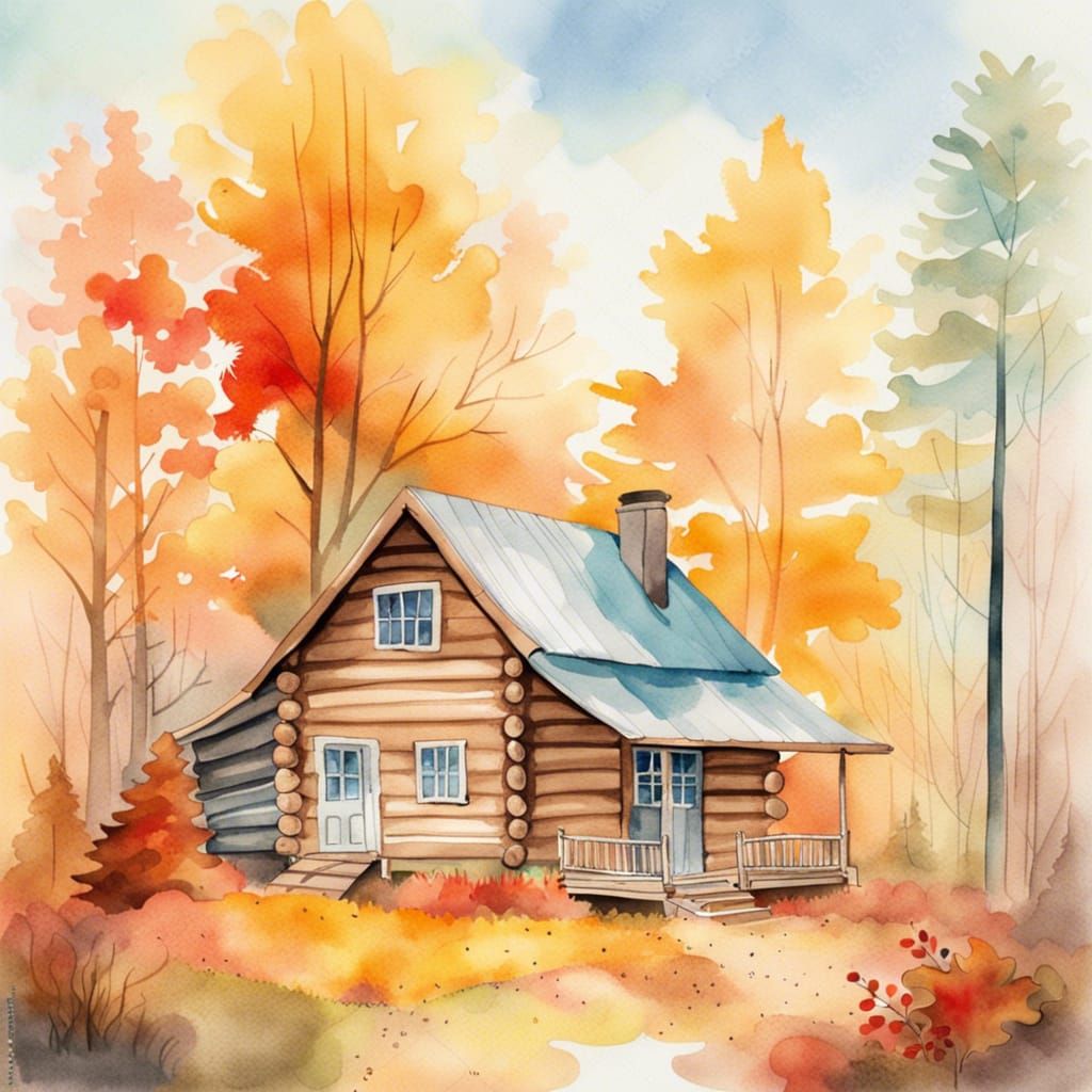 Cozy Autumn Cabin in Watercolor Forest