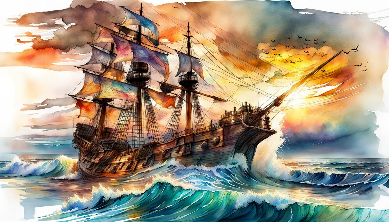 Fantastical Pirate Ship Sunset in Digital Watercolor