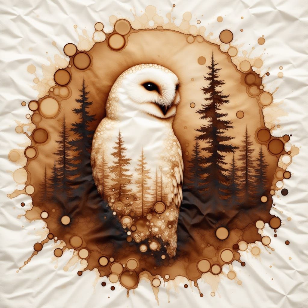 Snow Owl in Forest Double Exposure Coffee Stain Art