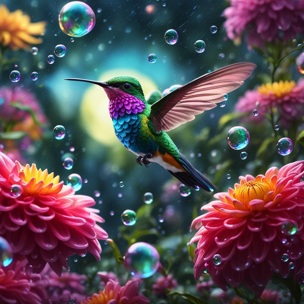 Dahlias and Hummingbird: Detailed Matte Painting