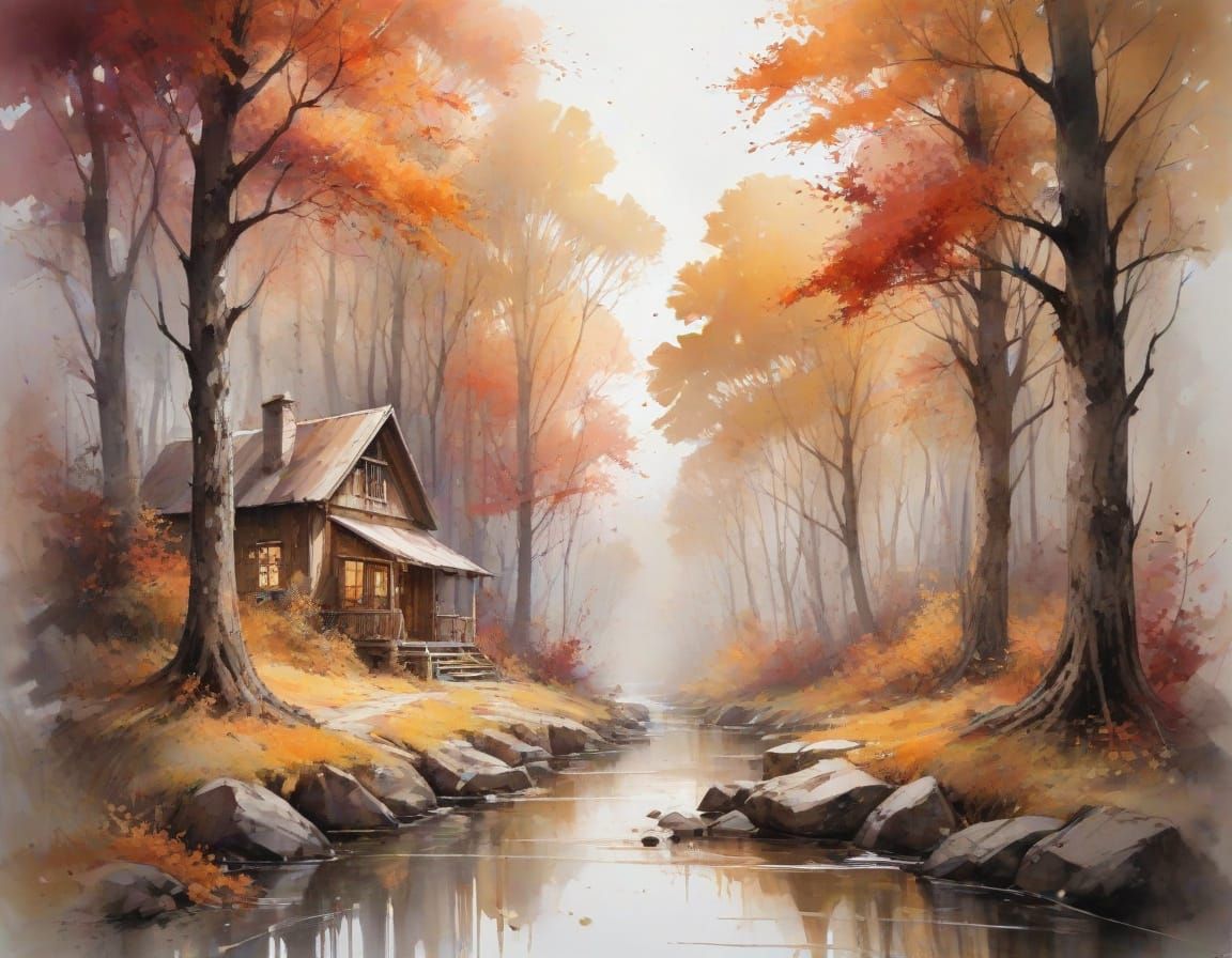 Autumn Forest Retreat in Watercolour Style