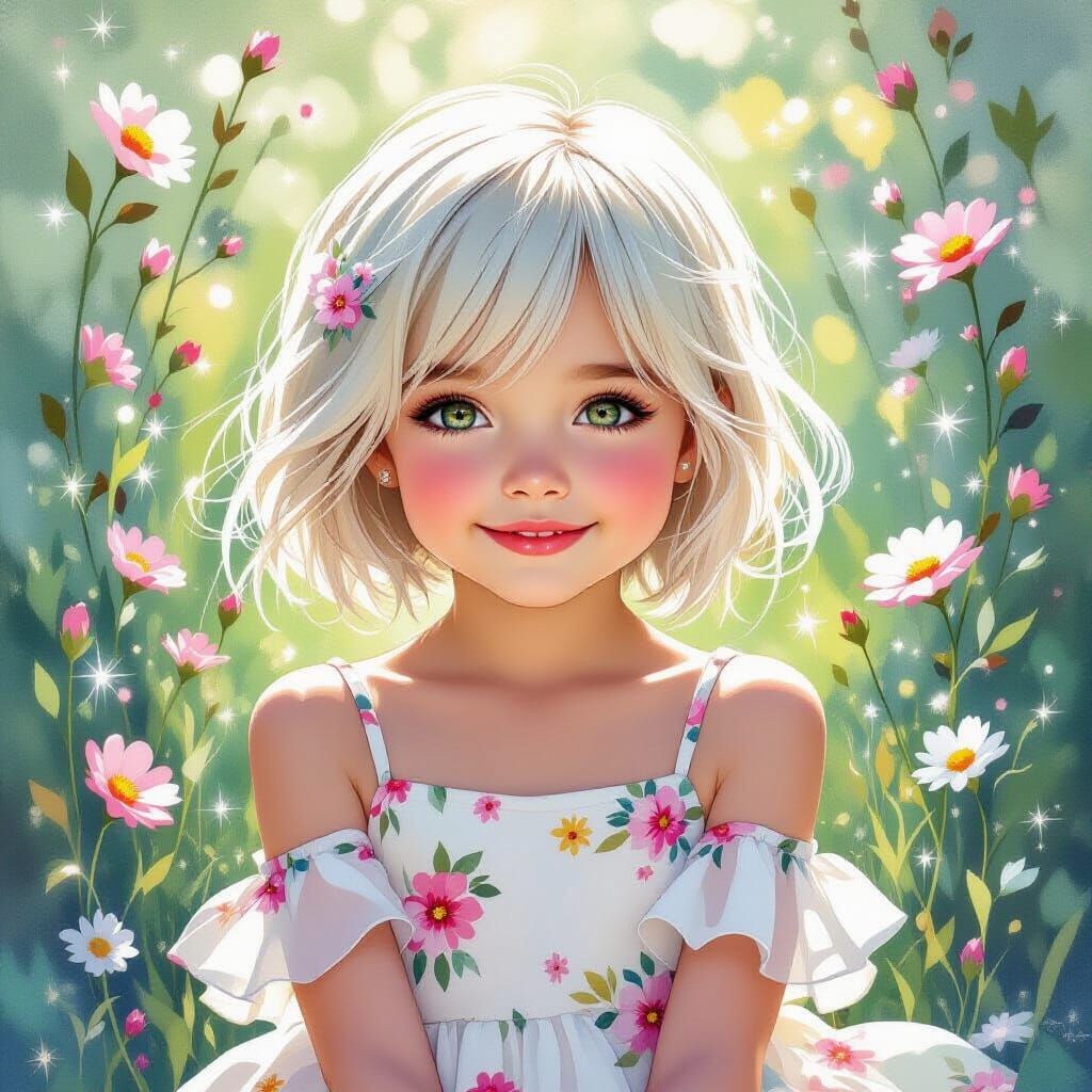 Smiling Girl in Floral Dress: Watercolor Art