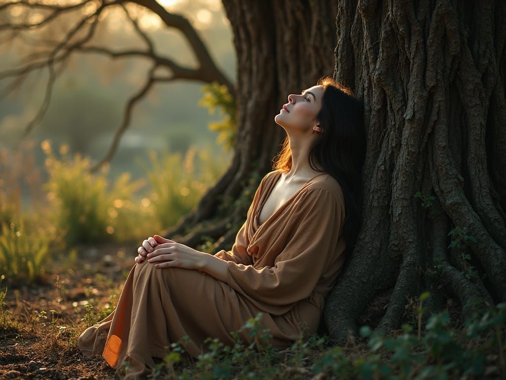 Woman Embracing Ancient Tree in Golden Light