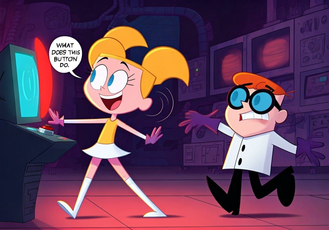 Surreal Girl Presses Mysterious Button in Vibrant Laboratory