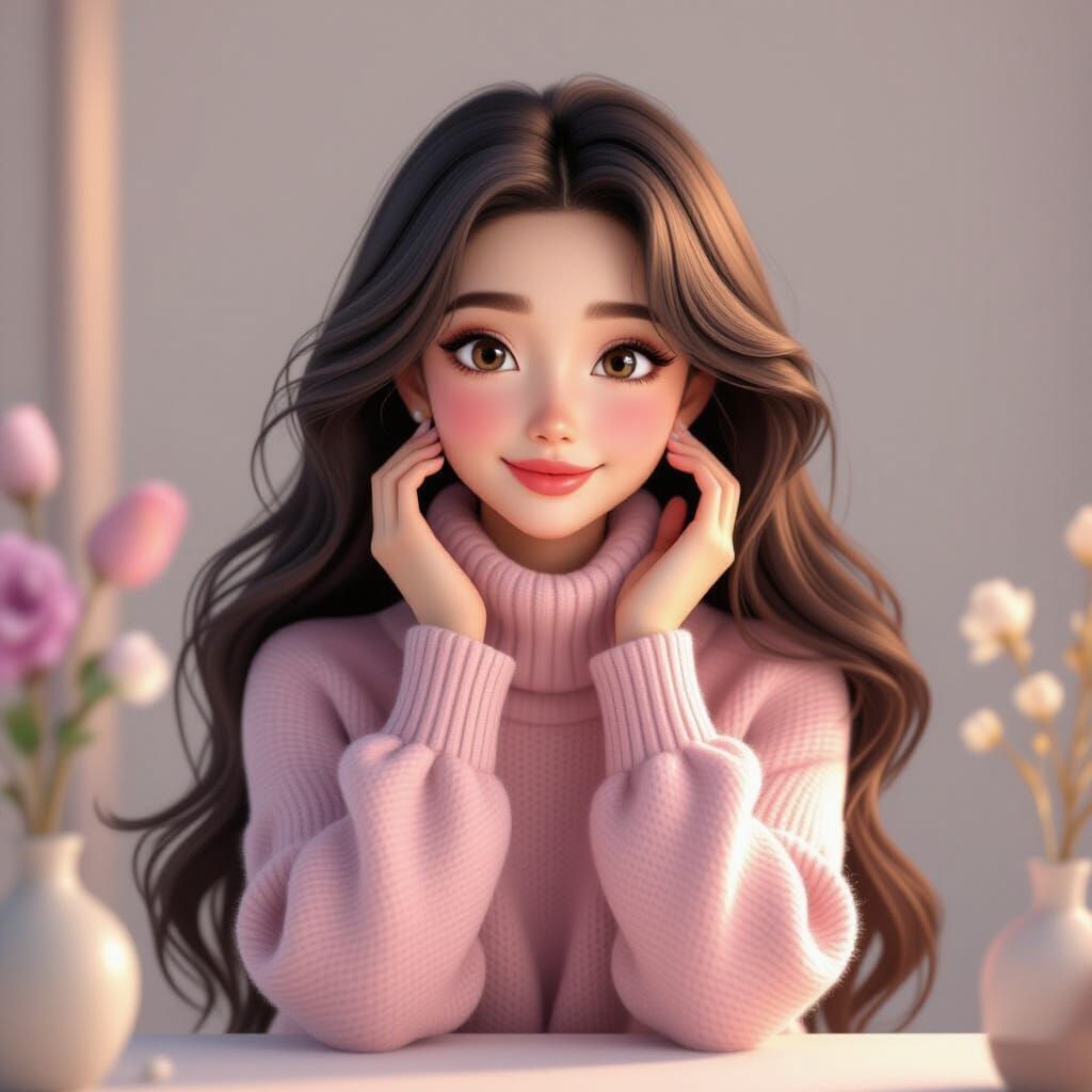 Elegant Woman Brushing Long Hair in Realistic 3D Style