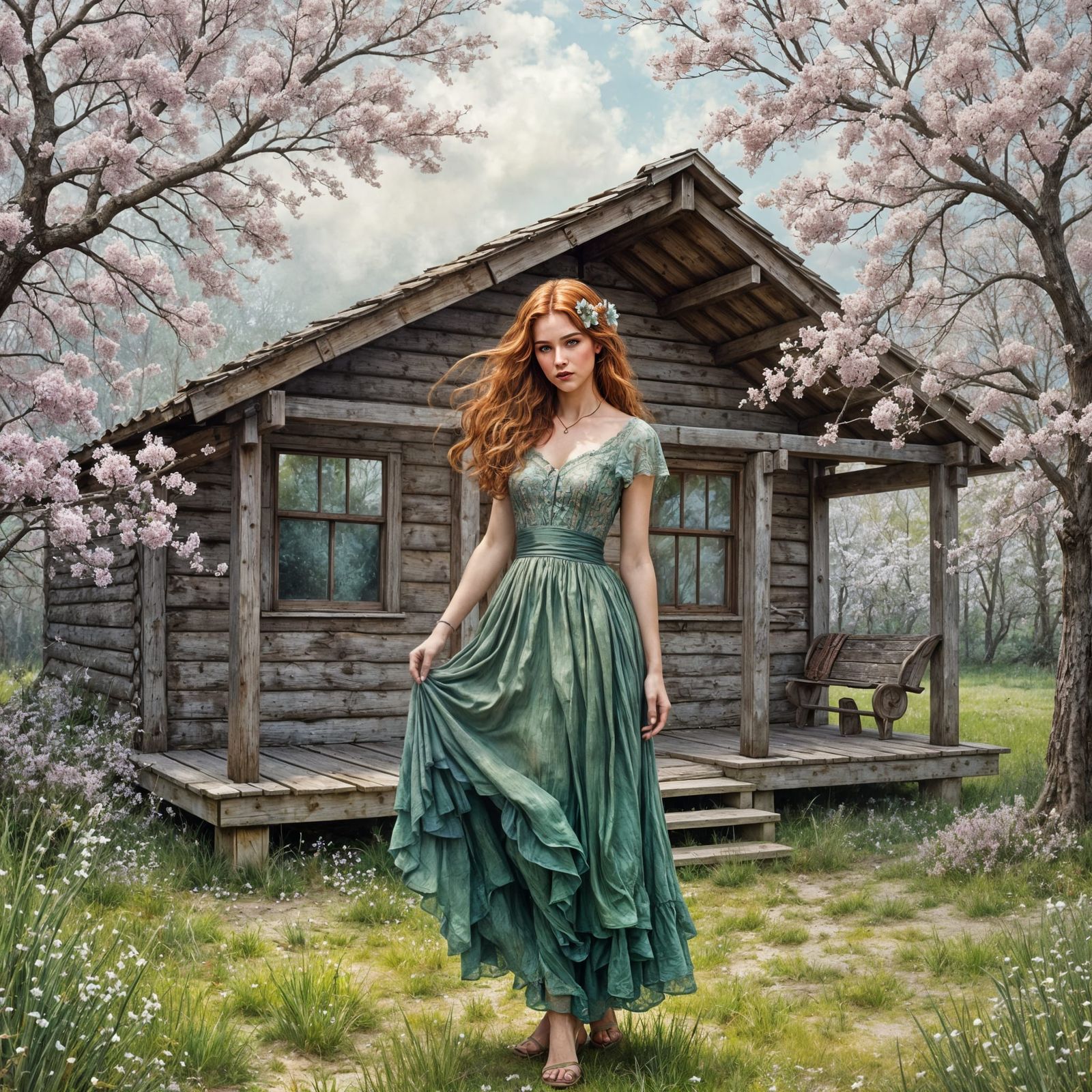 Elegant Woman in Spring Blossom Landscape