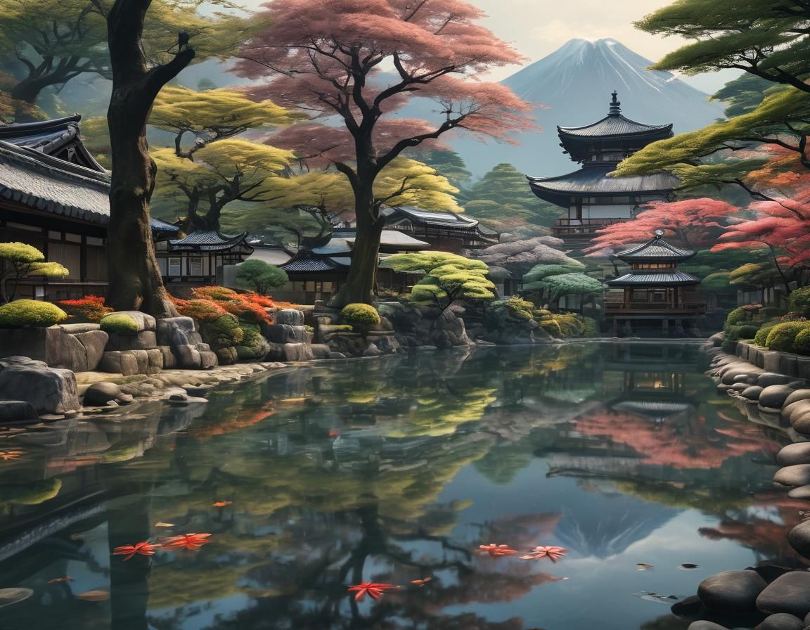 Japanese Garden with Mount Fuji in Pastel Colors