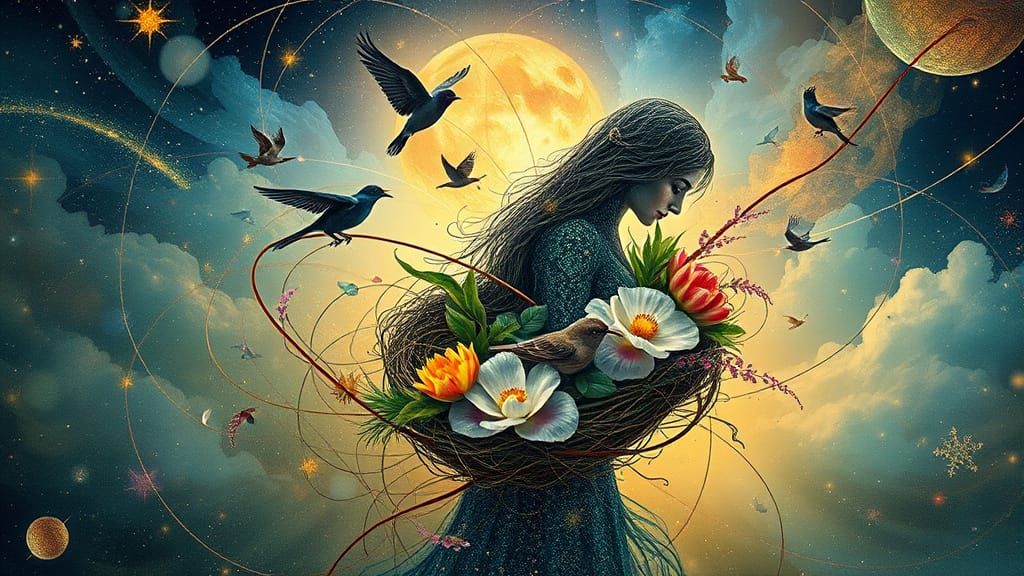 Dreamlike Concept Art: Woman Carrying Star-Filled Nest