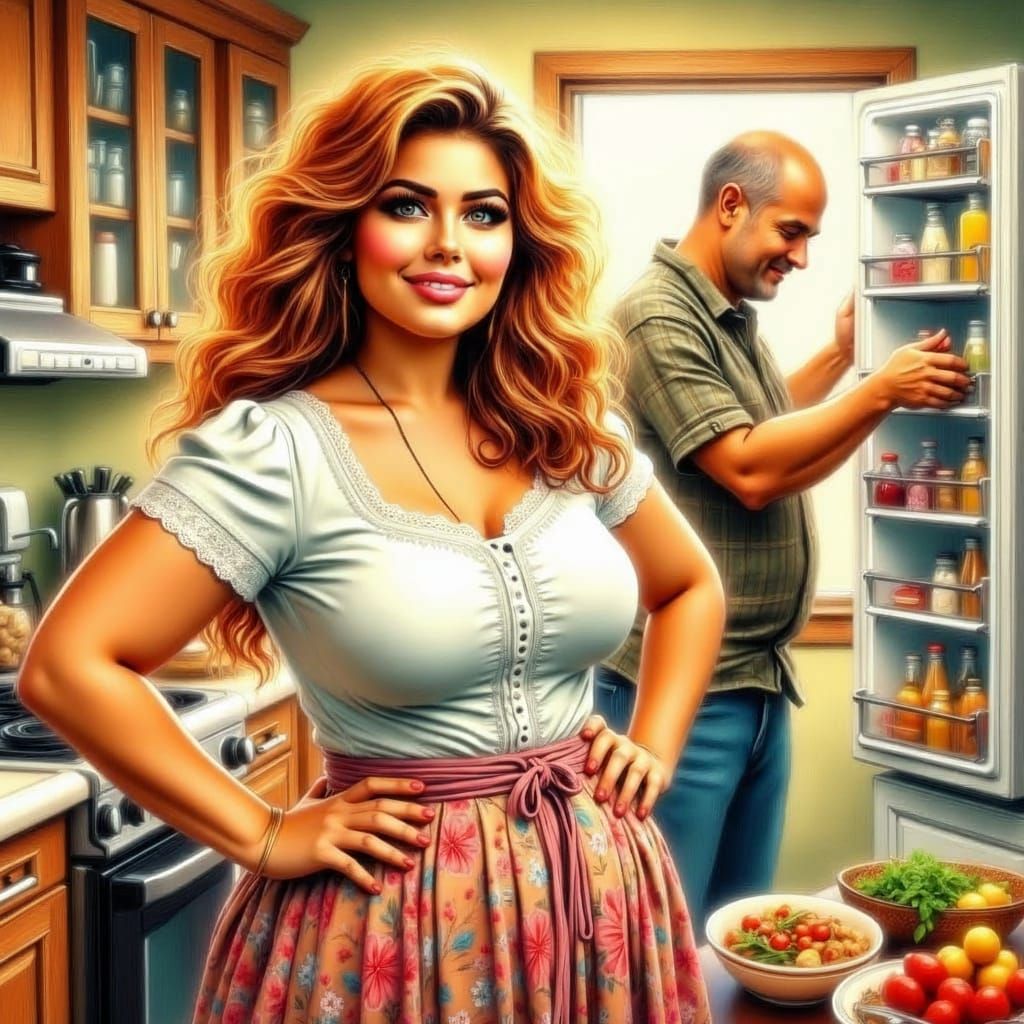 Obese Couple in Kitchen Beside Refrigerator