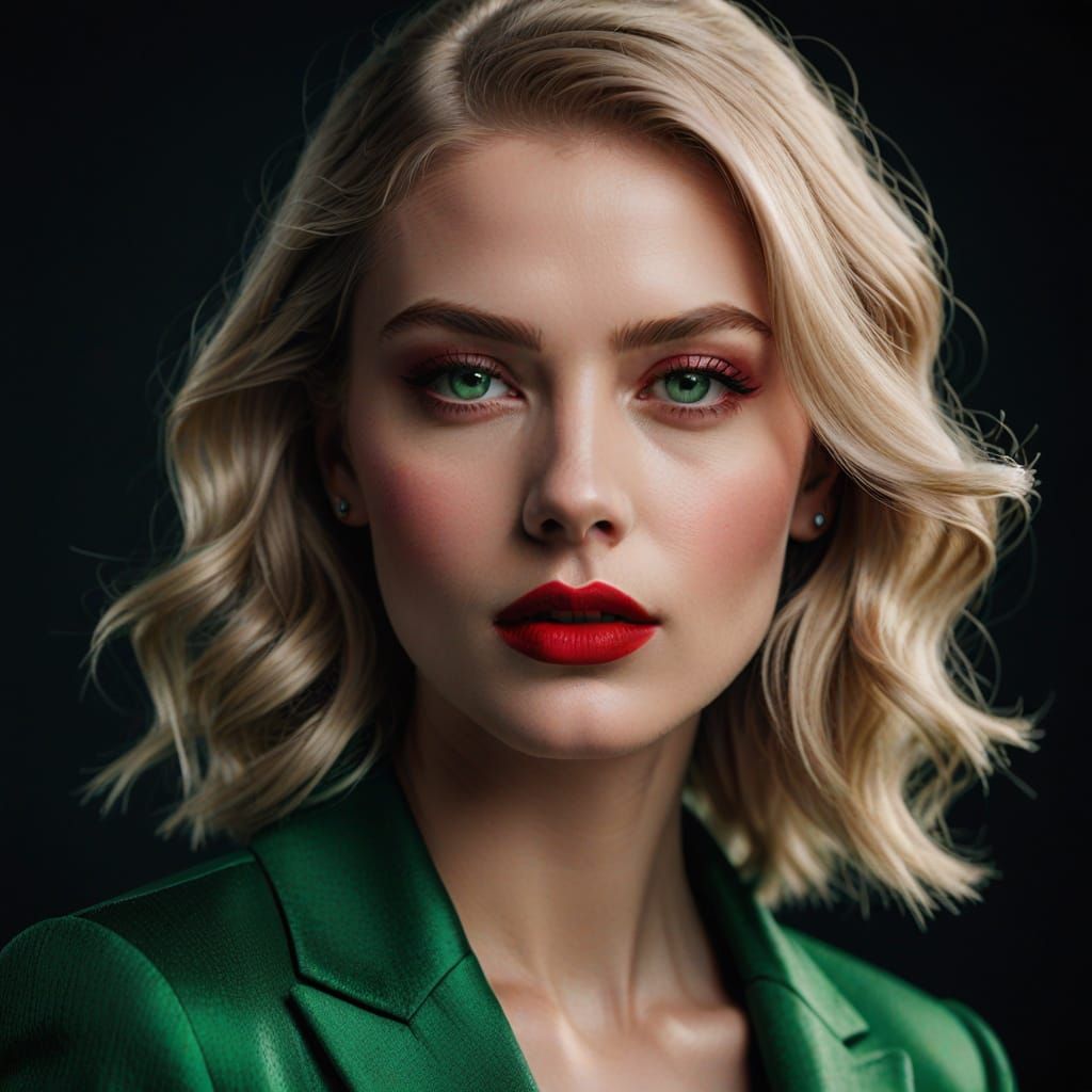 Glamorous Blonde Woman With Green Eyes In Studio Lighting