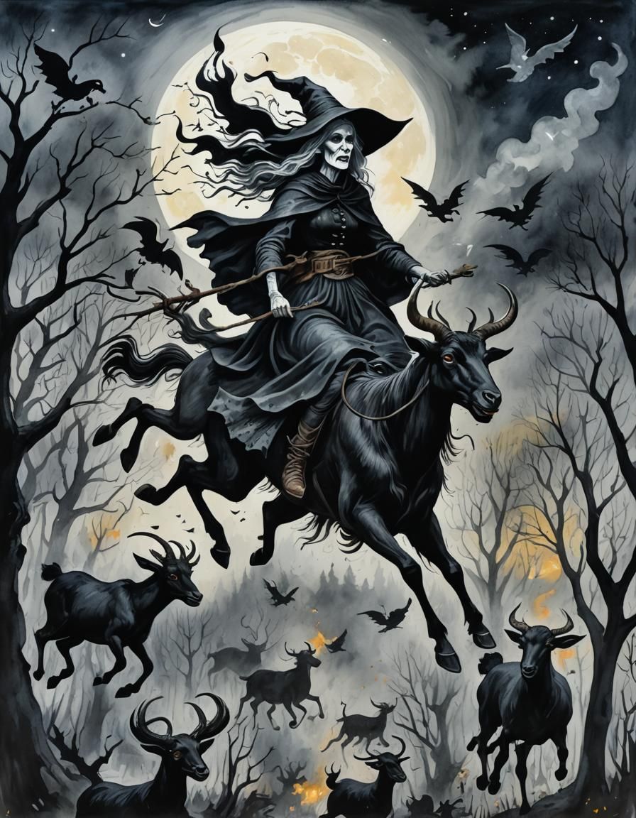 New England Witch Rides Demon Goat in Folk Horror Art