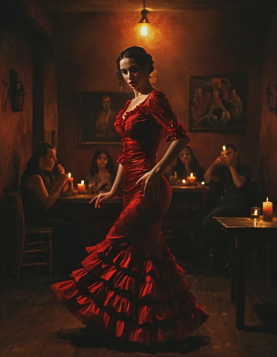 Flamenco Dancer in Smoky Tavern: Expressive Oil Painting