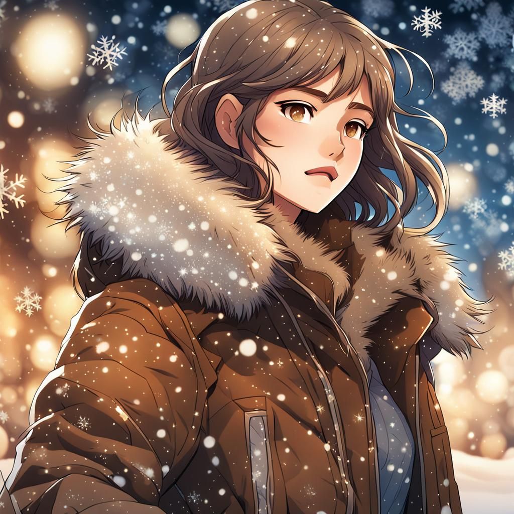 Anime Girl in Winter Wonderland with Gold Ink