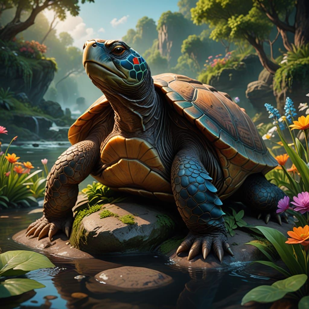 Gigantic Ancient Turtle Embodies Wisdom in Lush River Landsc...