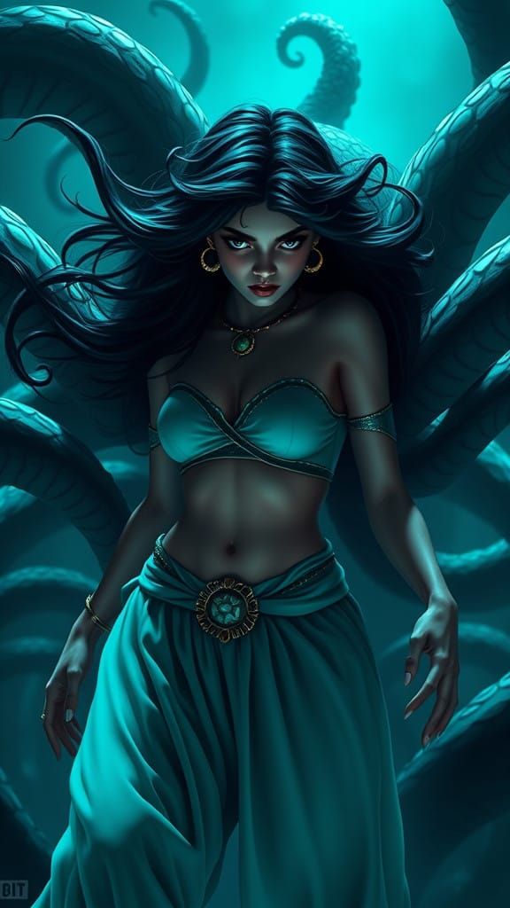 Princess Jasmine vs. Venom Symbiote in Dark Fantasy Art