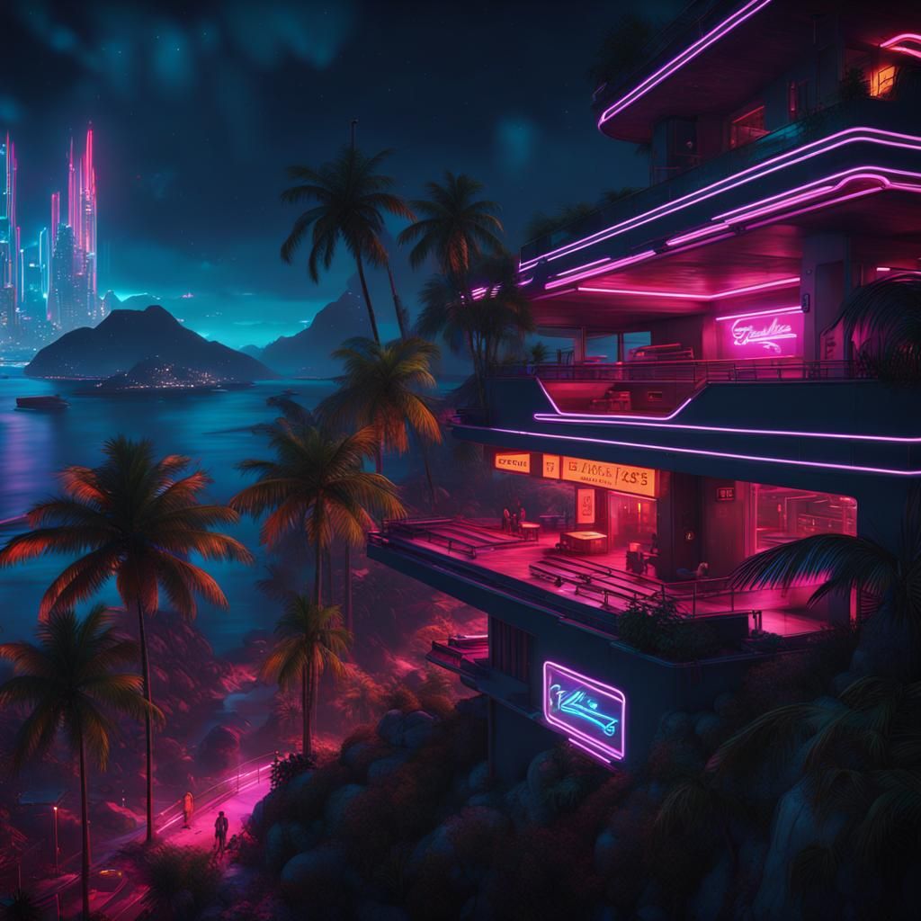 Seychelles Islands: Cyberpunk Neon Nightscape