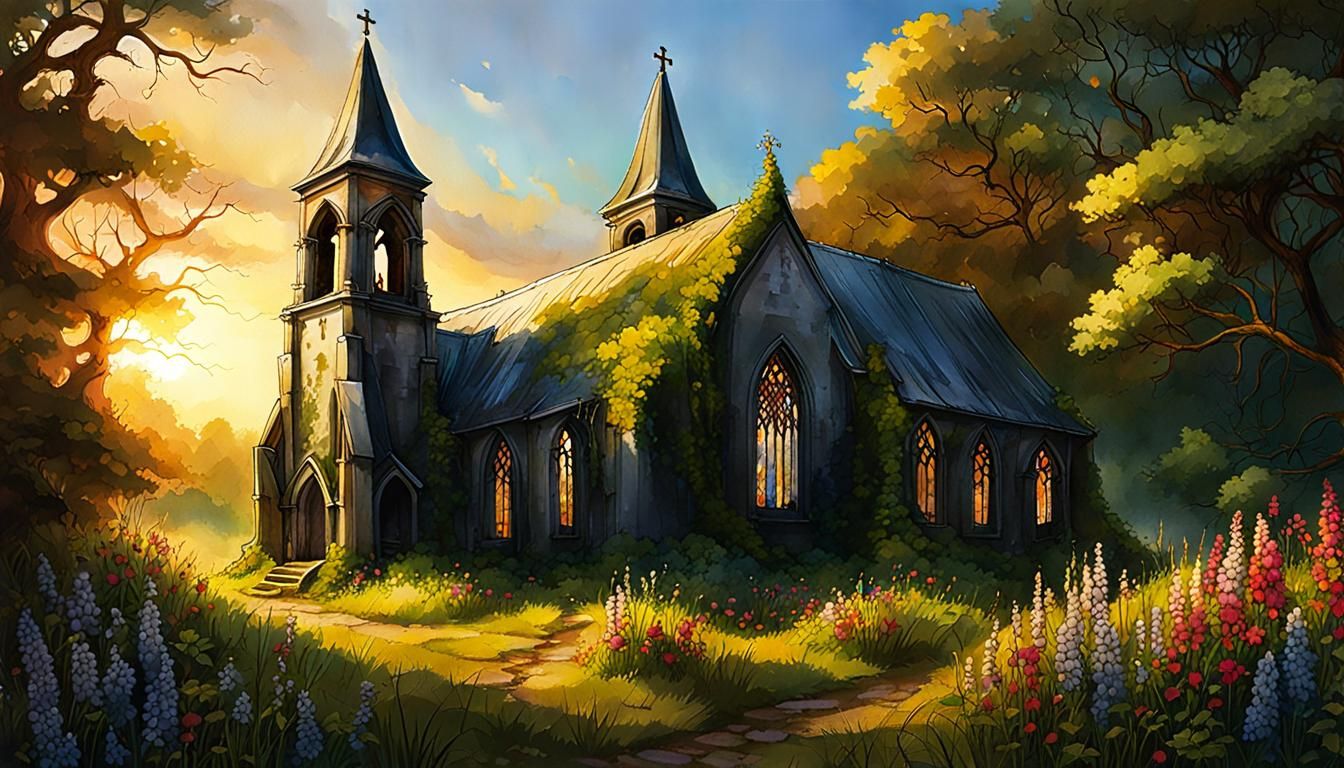 Abandoned Church in Wildflower Field at Golden Hour