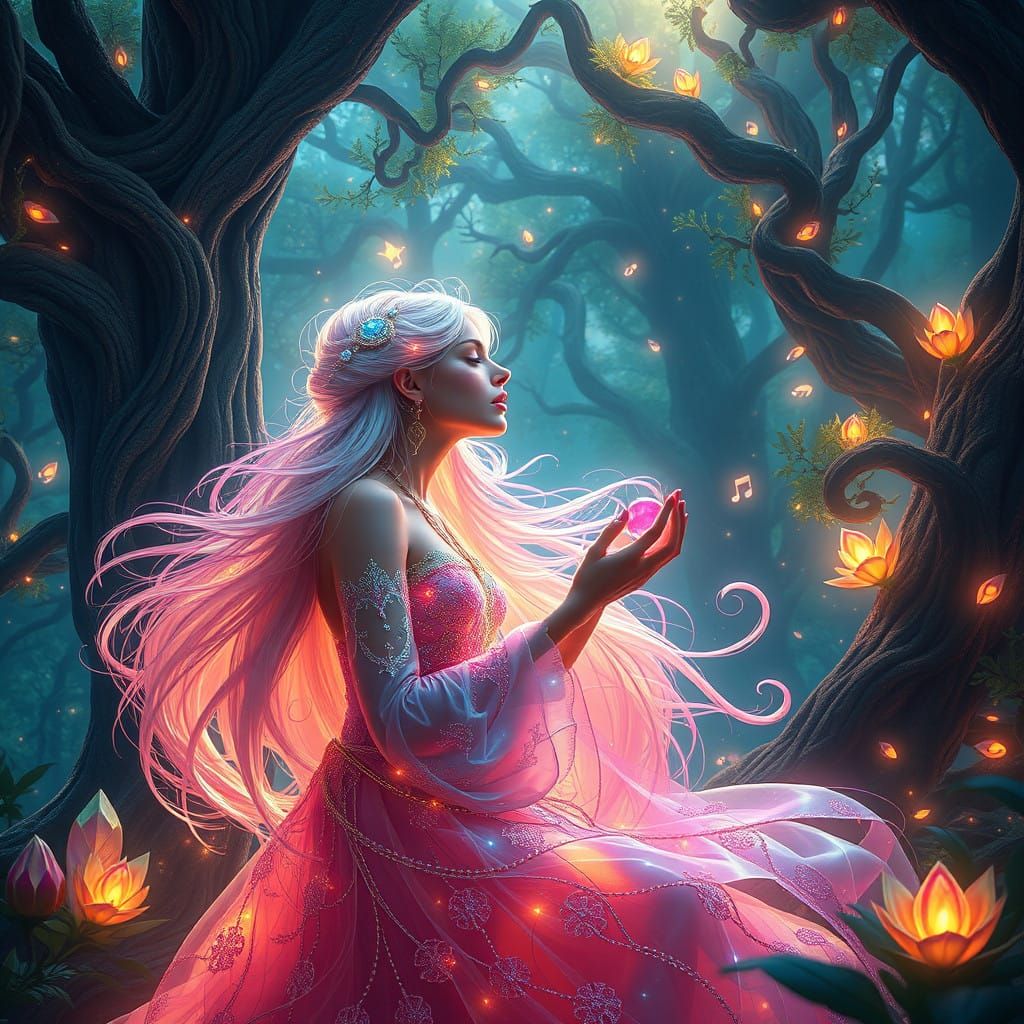 Ethereal Songstress in a Whimsical Forest Wonderland