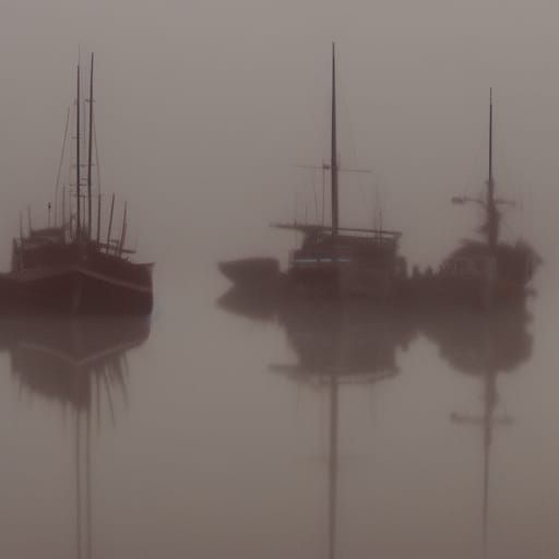 Shrimp Boats in Dense Fog at Twilight