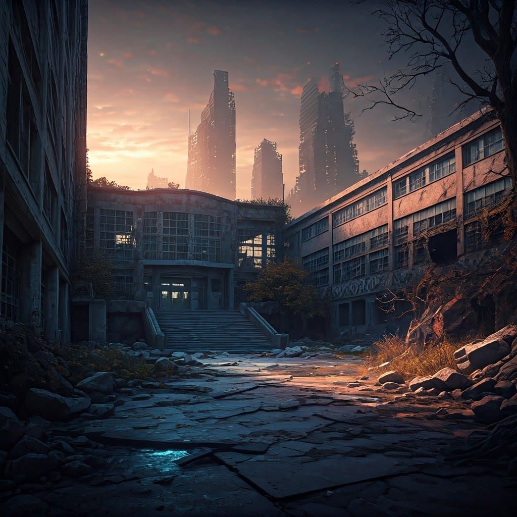 Cyberpunk School Ruins in Post-Apocalyptic Cityscape