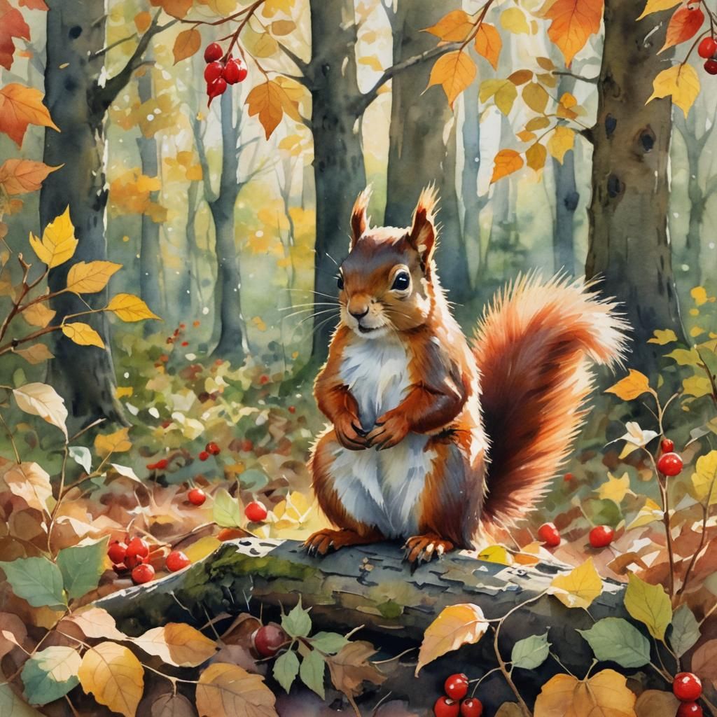 Squirrel in Hat: Impressionist Watercolor in Forest