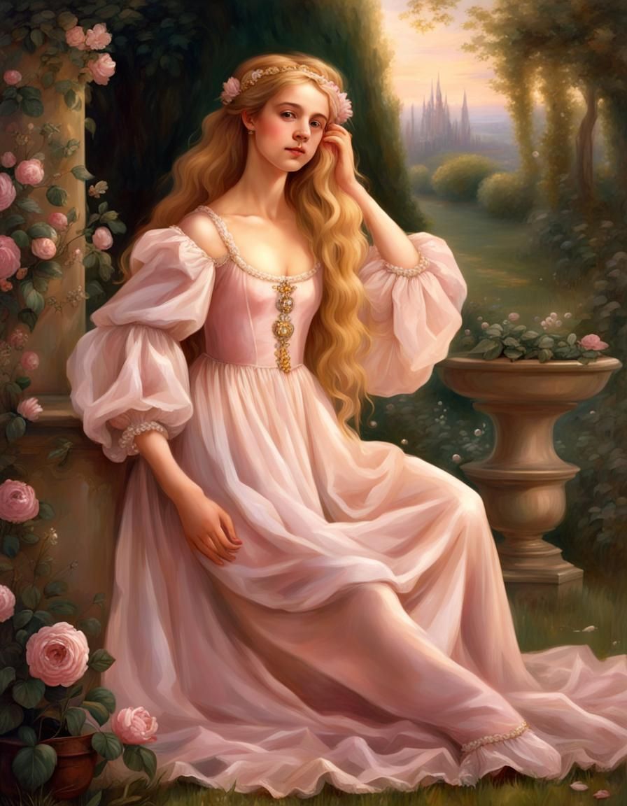 Renaissance Girl with Golden Hair in Garden