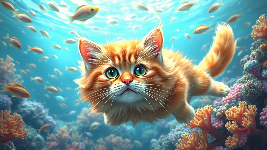 Cat Swimming Underwater with Fish and Corals