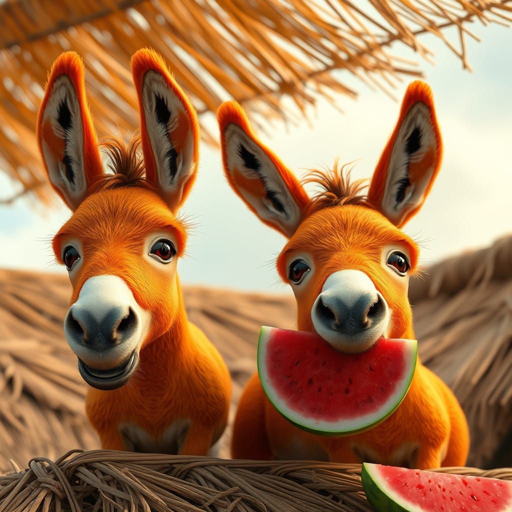 Vibrant Donkeys Feast on Watermelon under a Whimsical Straw...
