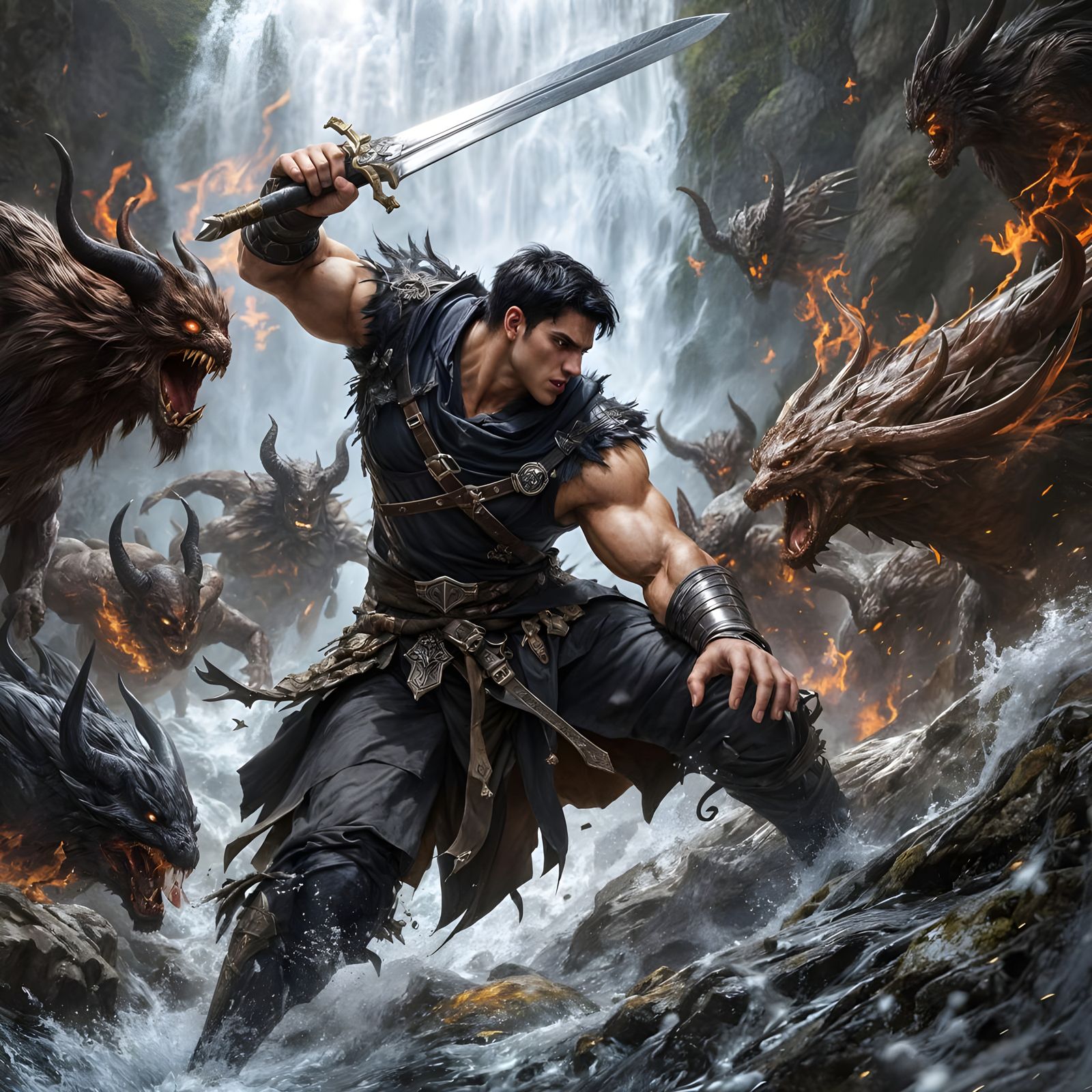 Medieval Fantasy Swordsman Battles Demonic Horde in a Stormy...