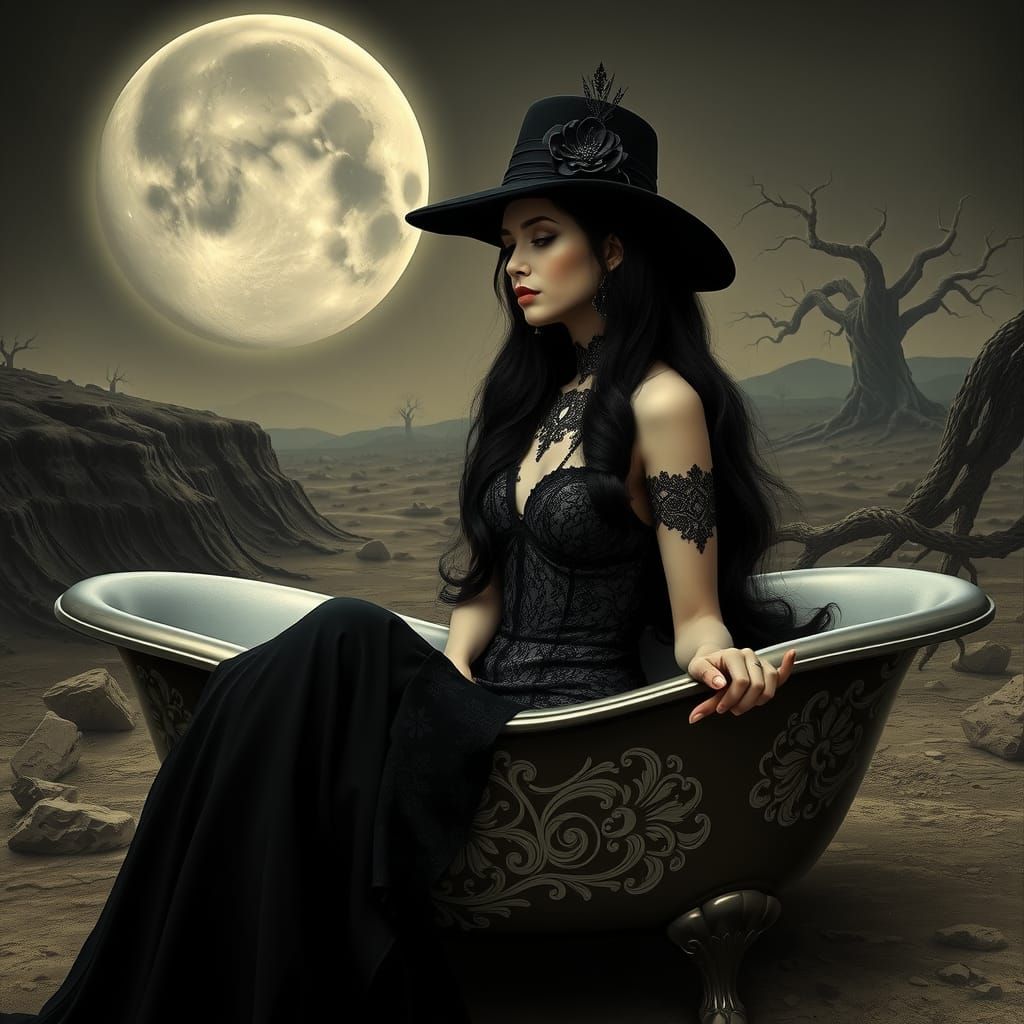 Gothic Woman Bathes on the Moon in Sepia