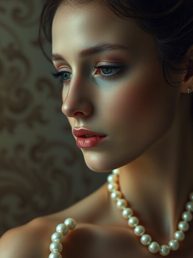 A Dreamy Portrait of an Enchanted Woman in Pearl Necklace