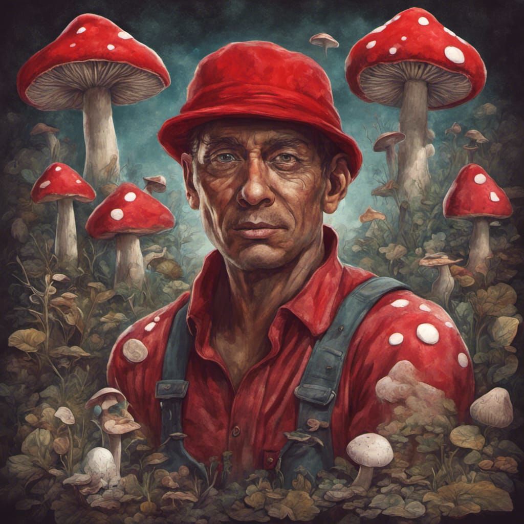 Detailed Matte Painting of Mushroom Man in Overalls