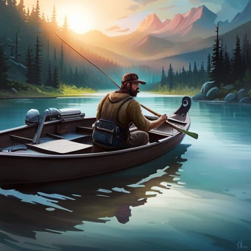 Fisherman on Rough Lake: Hyperdetailed Concept Art