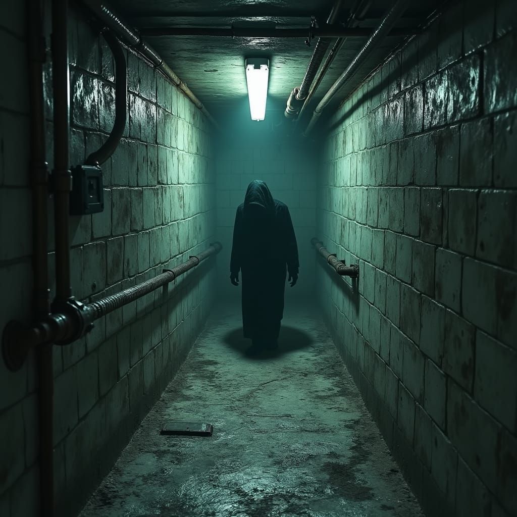 Eerie Descent: Mysterious Figure in Dimly Lit Basement