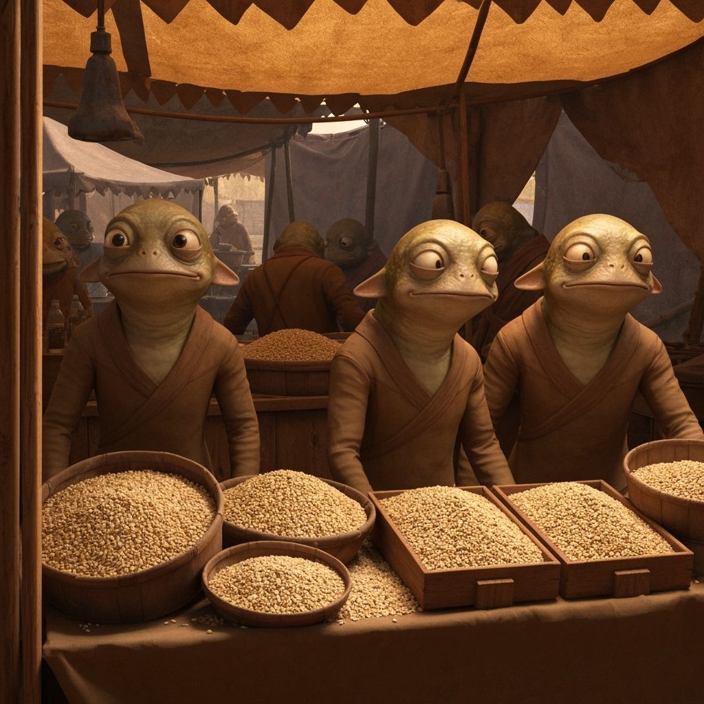 Tribbles selling grain from a market stall