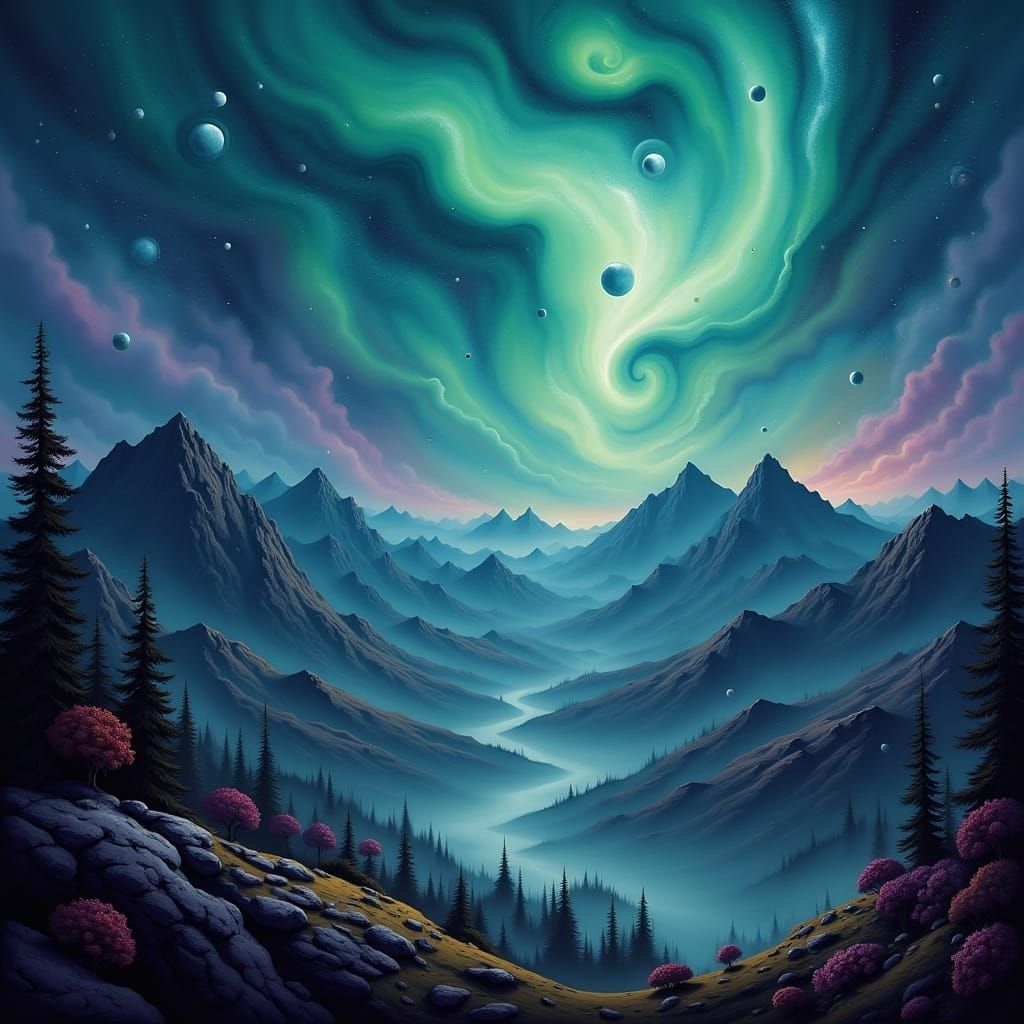 Cosmic mountains painted in a sublime, ethereal style remini...