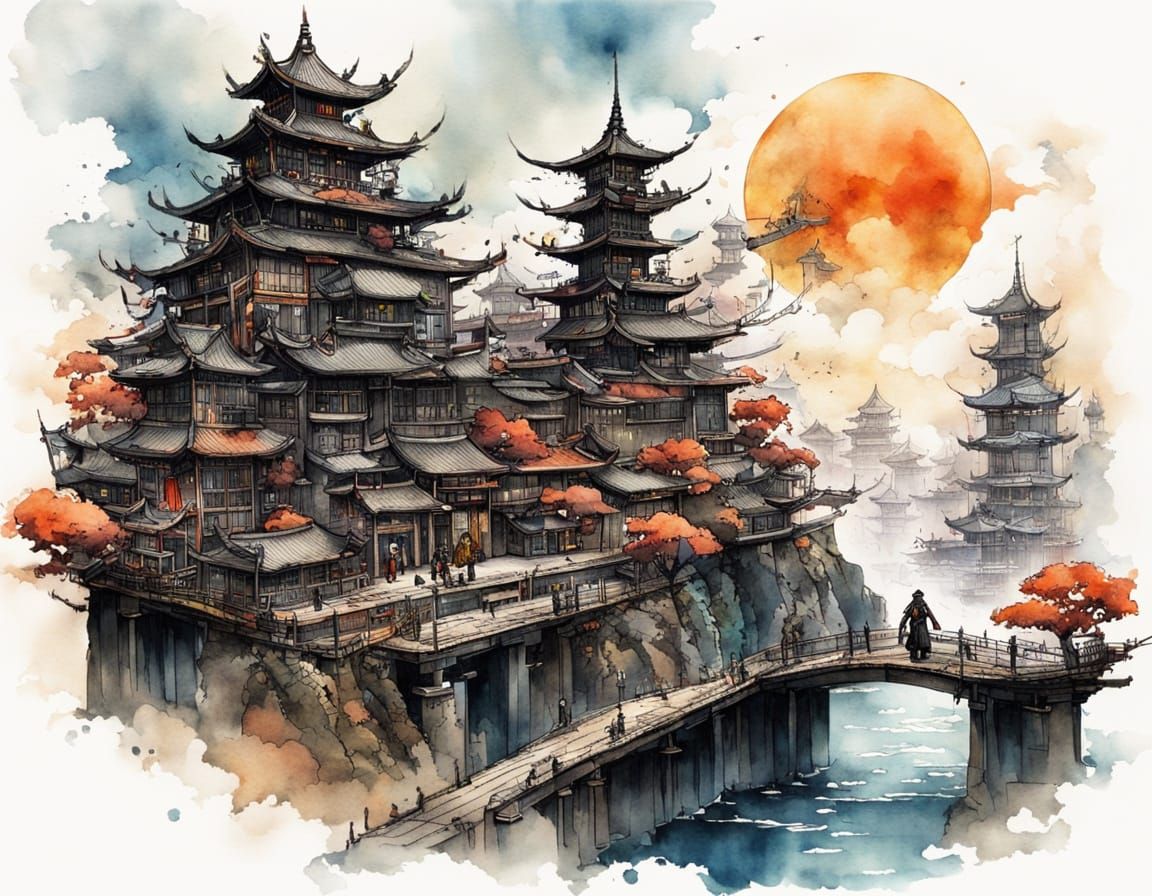 Elegant Steampunk Samurai Inventor Crafts Imperial Cityscape