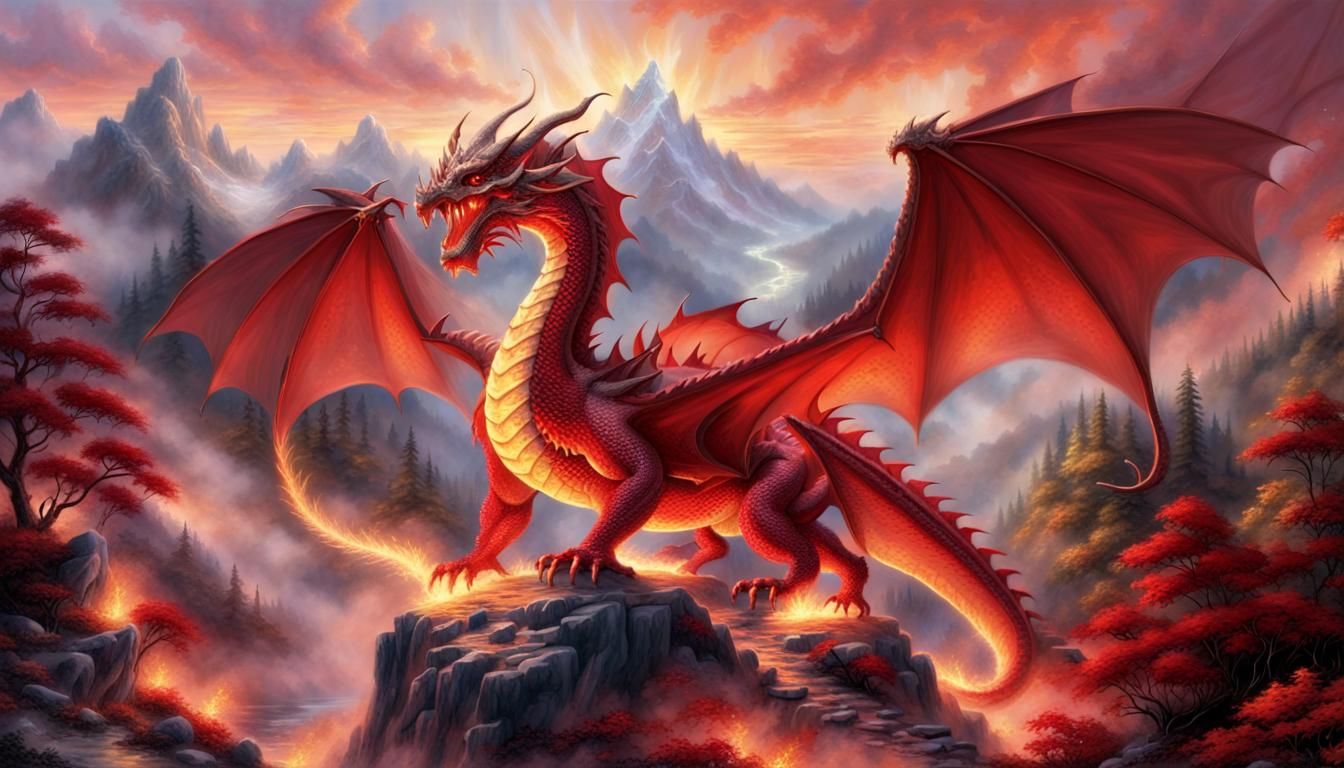 Red Dragon in Ethereal Fantasy Landscape