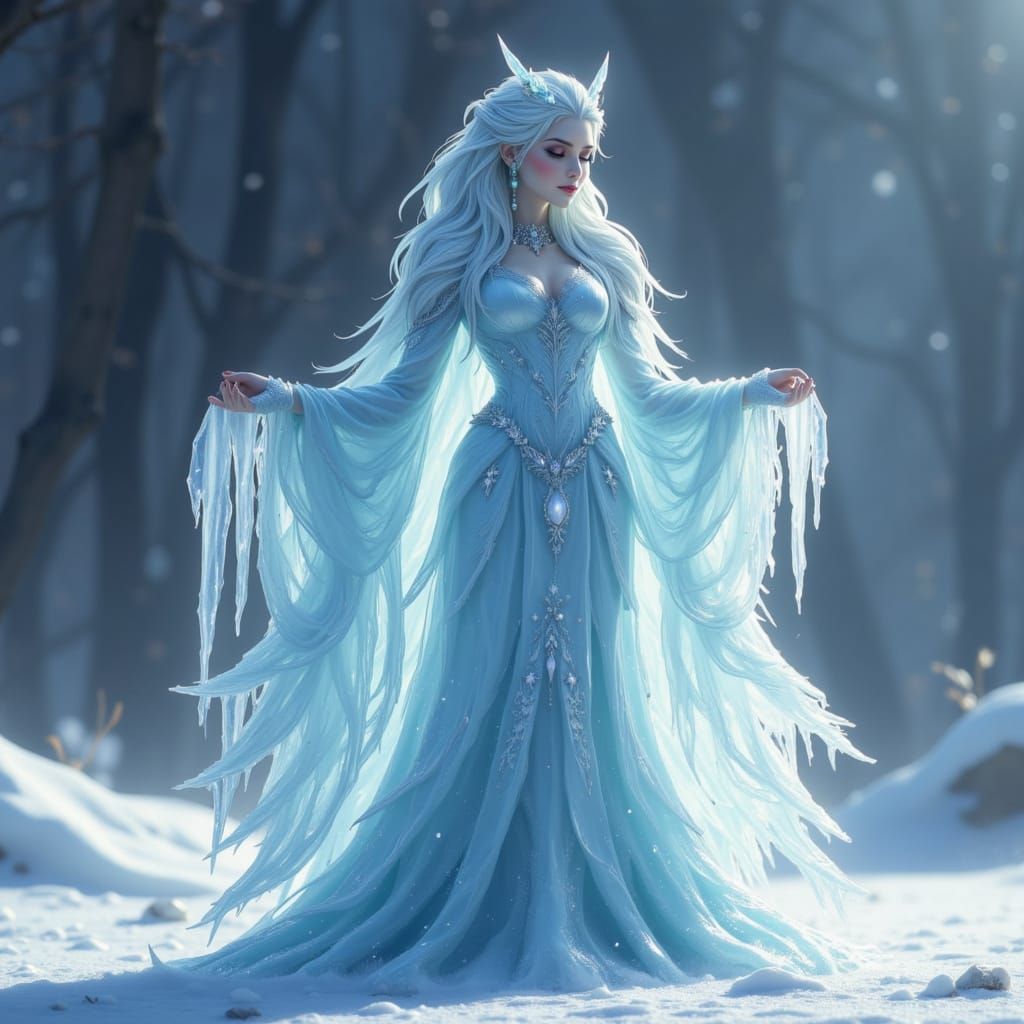 Majestic Ice Queen Sculpture in Stark Winter Landscape