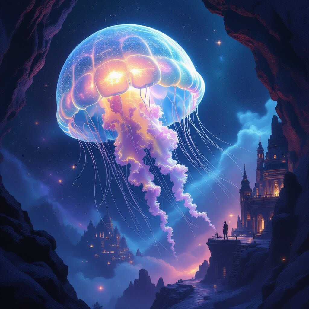 Bioluminescent Jellyfish in Cosmic Nebula Over Alien City