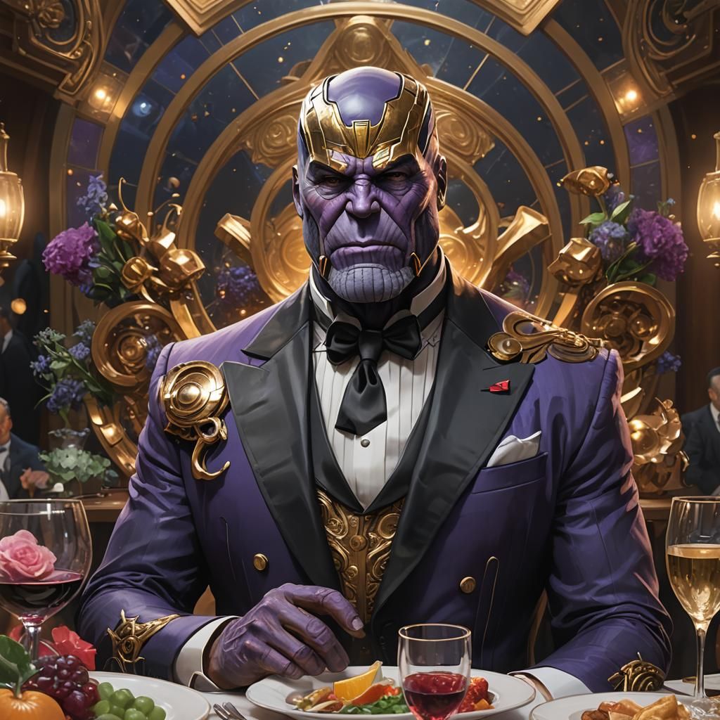 Thanos in Tuxedo at Dinner Party, Detailed Portrait