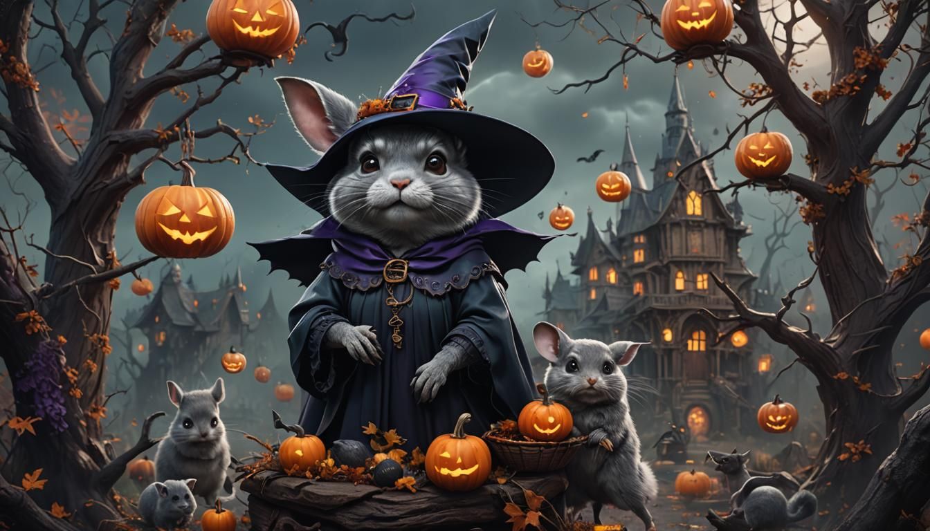 Halloween Witch Chinchilla in Detailed Matte Painting