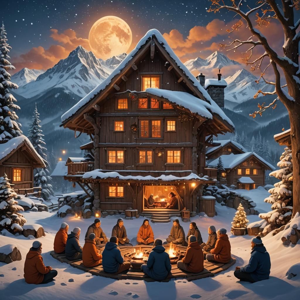 Meditating in Snowy Mountain Hut at Twilight