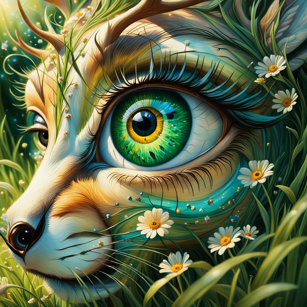 Surreal Eye: Fairy and Deer in a Lush Landscape