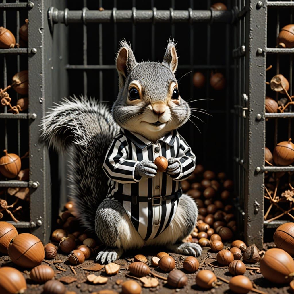 Defiant Squirrel in Acorn Jail: Humorous Digital Art