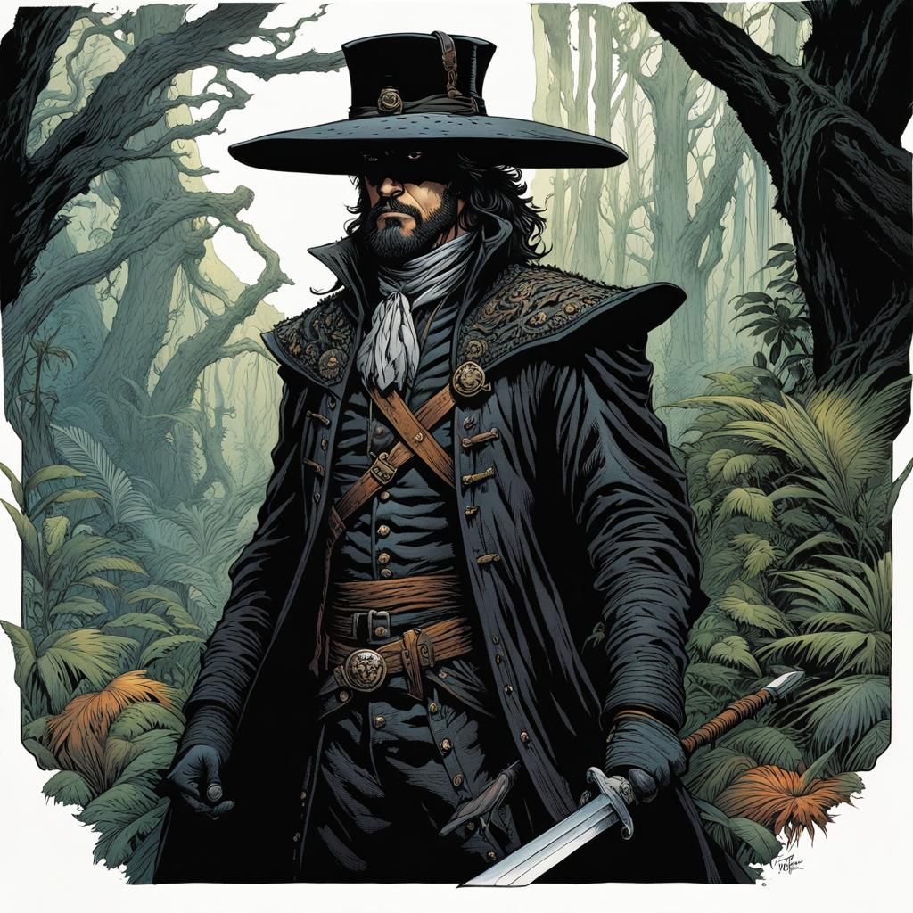 Gloomy Puritan Hero in Jungle, Watercolor Painting