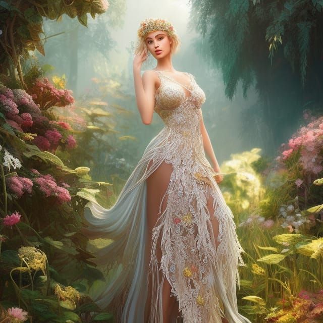Greek Goddess in Exotic Garden: Hyperdetailed Portrait