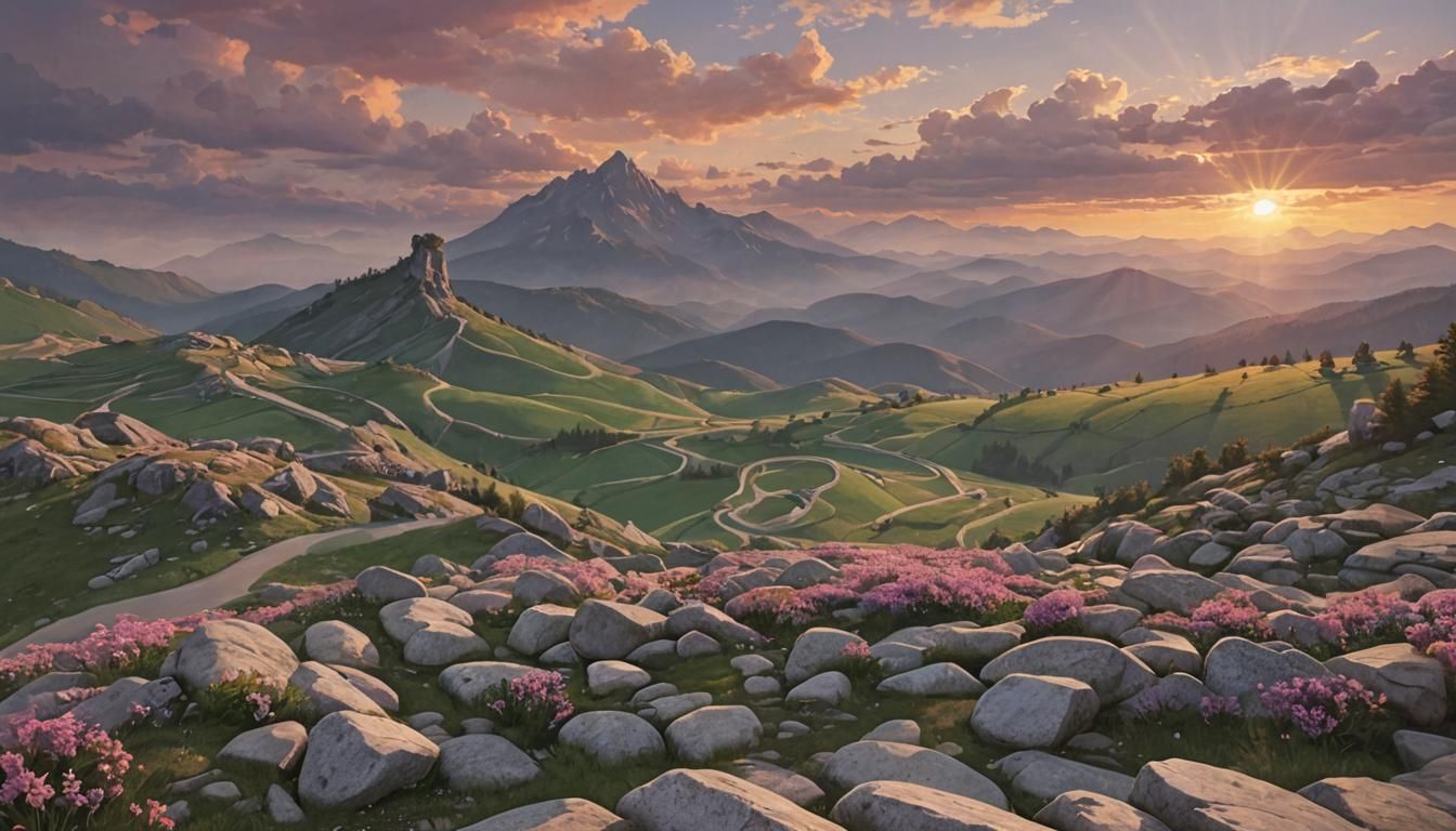Serpent road-trip-dream in the mountains, sunset, spring sto...