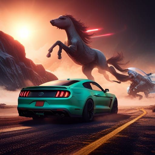 Computer Battles Mustang Car: Detailed Matte Painting